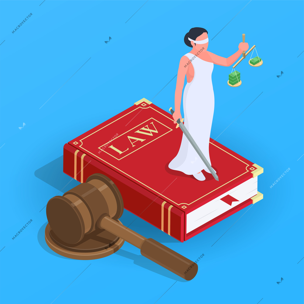 Corruption bribery money laundering isometric composition blindfolded lady justice holding balance and sword on law book vector illustration