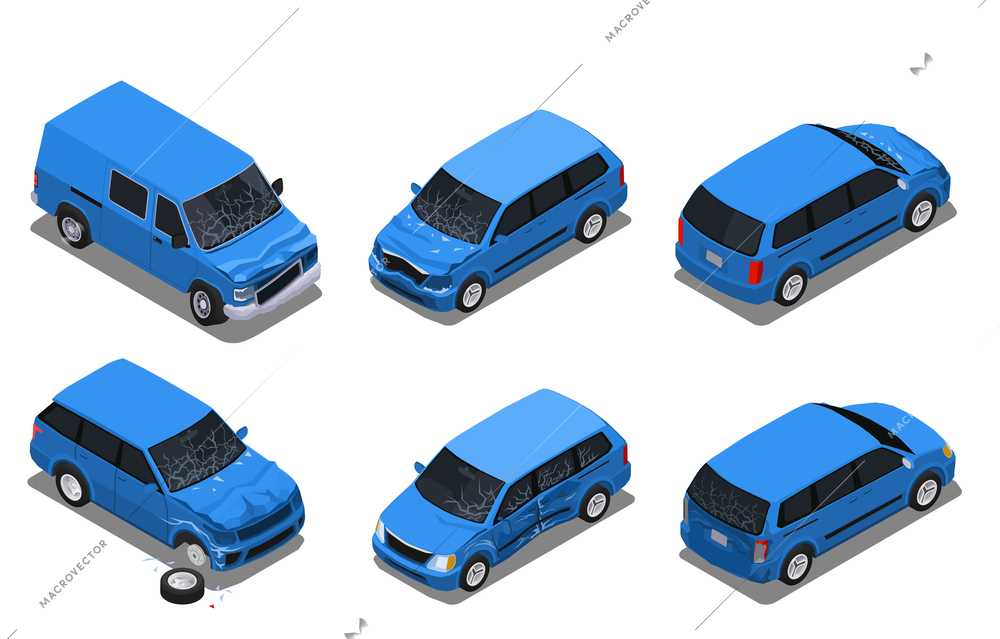 Car involved in most road traffic accidents isometric set with sedan hatchback van vehicles isolated vector illustration