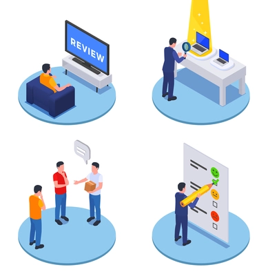 Customer experience concept isometric circular compositions with product promotion purchased goods review evaluation feedback software vector illustration