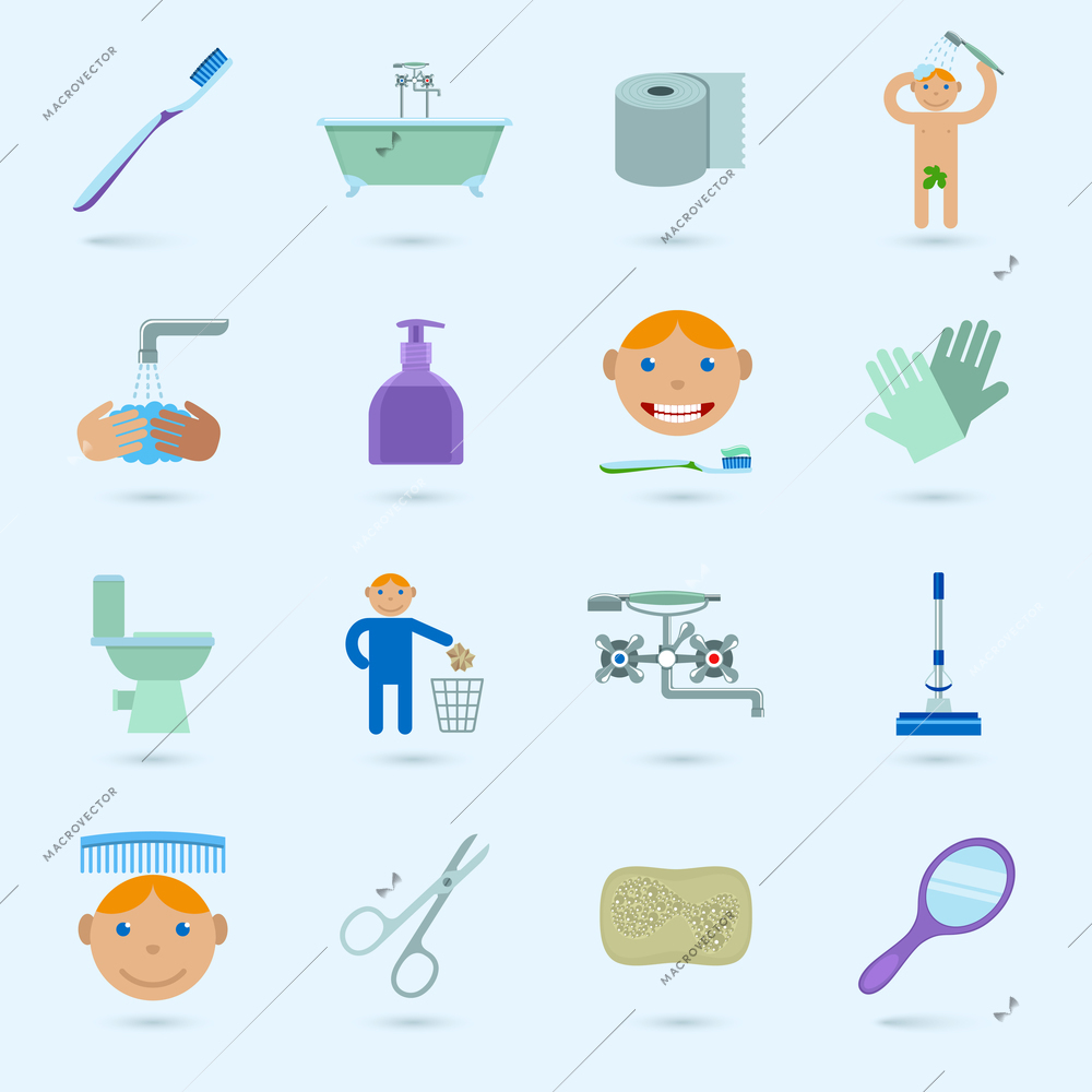 Hygiene cleaning washing bathroom icons set with male figure isolated vector illustration