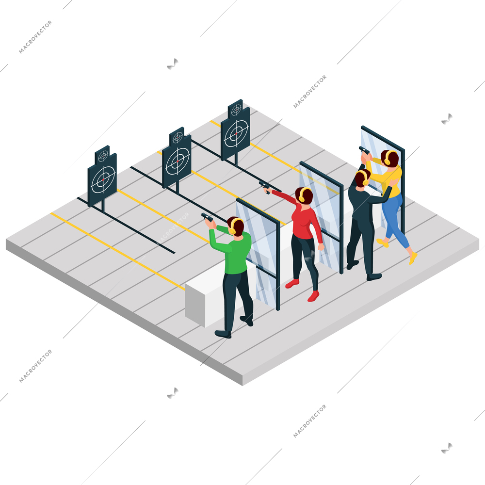 Shooting range isometric composition shooting complex with three shooters and one teacher vector illustration