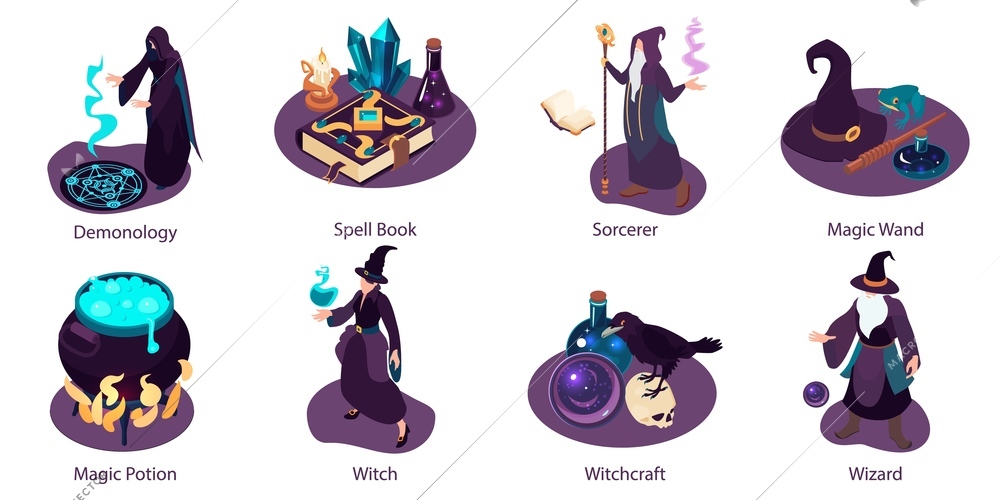 Isometric wizard magic set with isolated compositions of text captions and witchcraft images with human characters vector illustration