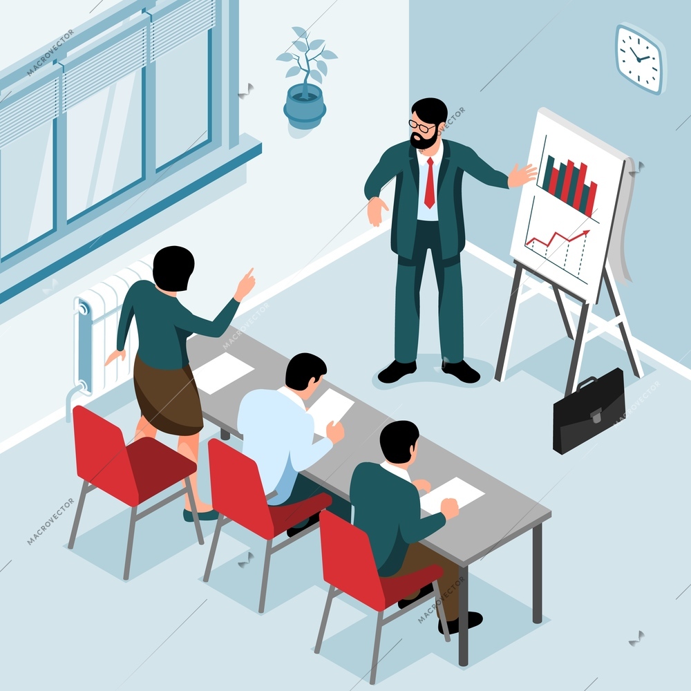 Corporate meeting isometric background with manager presenting project startup to business team vector illustration