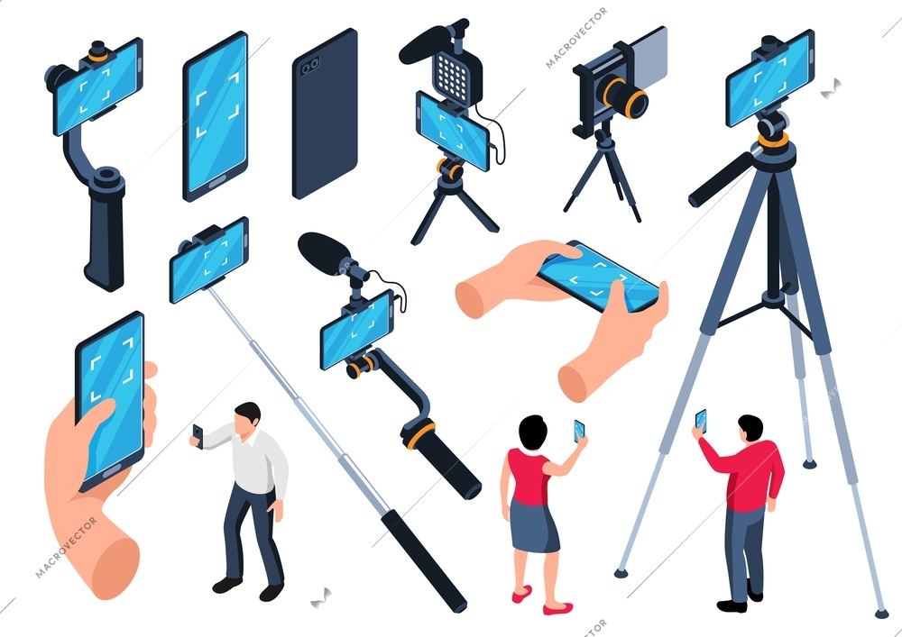 Photography equipment isometric set of tripods and monopods for selfie with smartphones and cameras isolated vector illustration