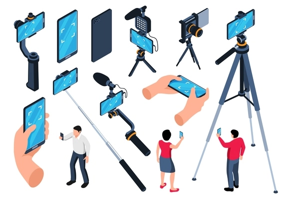 Photography equipment isometric set of tripods and monopods for selfie with smartphones and cameras isolated vector illustration