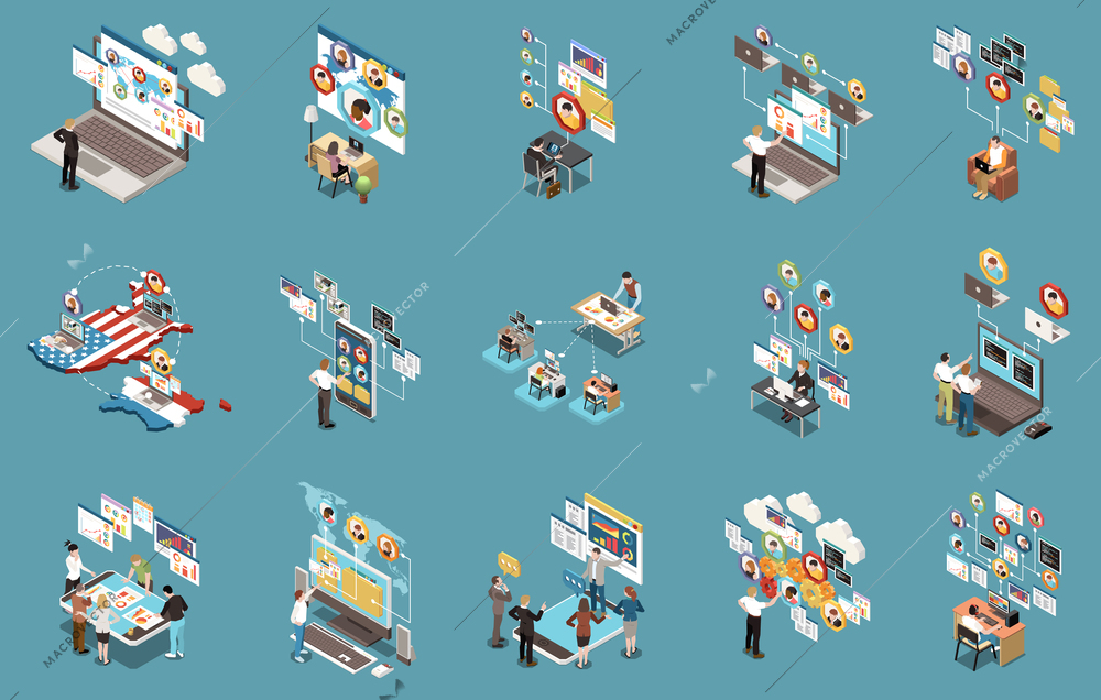 Remote management distant work isometric set with employees monitoring communicating working from home and office 3d isolated vector illustration