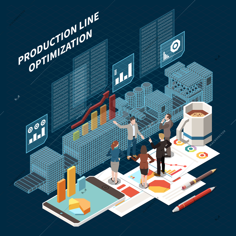 Optimization of production line with digital twin technology testing simulation 3d isometric vector illustration