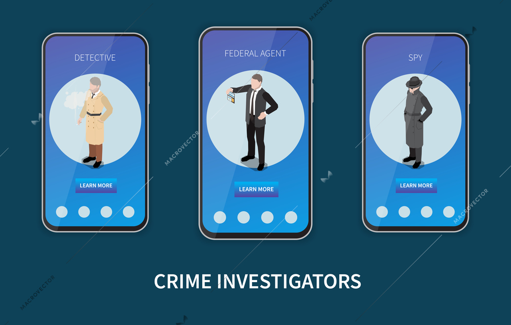 Isometric set with crime investigators male characters of detective federal agent spy on smartphone screens isolated 3d vector illustration