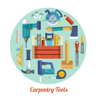 Carpentry tools equipment flat decorative icons set in circle shape vector illustration