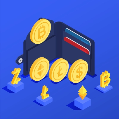 Cryptocurrency digital money isometric concept with wallet and coins on blue background 3d vector illustration