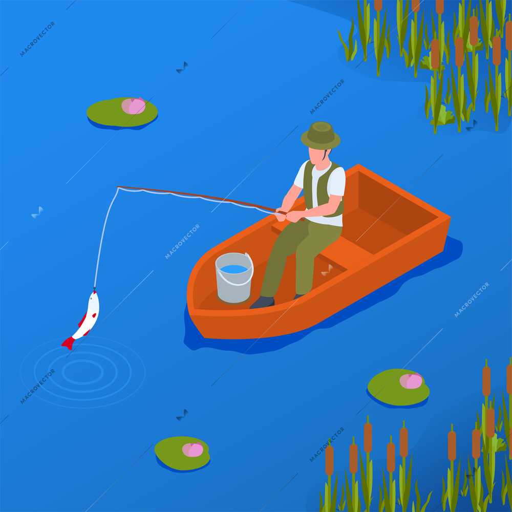 Man enjoying his hobby fishing with rod on river or pond 3d isometric vector illustration