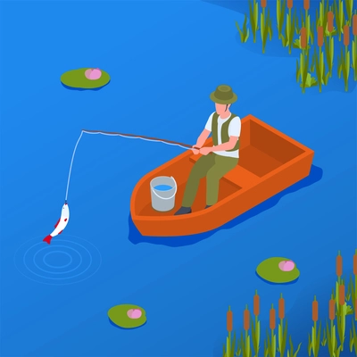 Man enjoying his hobby fishing with rod on river or pond 3d isometric vector illustration