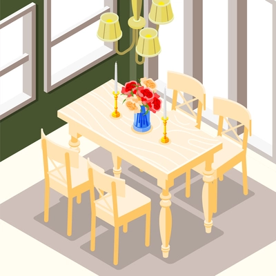 Antique interior isometric background with indoor view of dining table with wooden chairs candles and flowers vector illustration