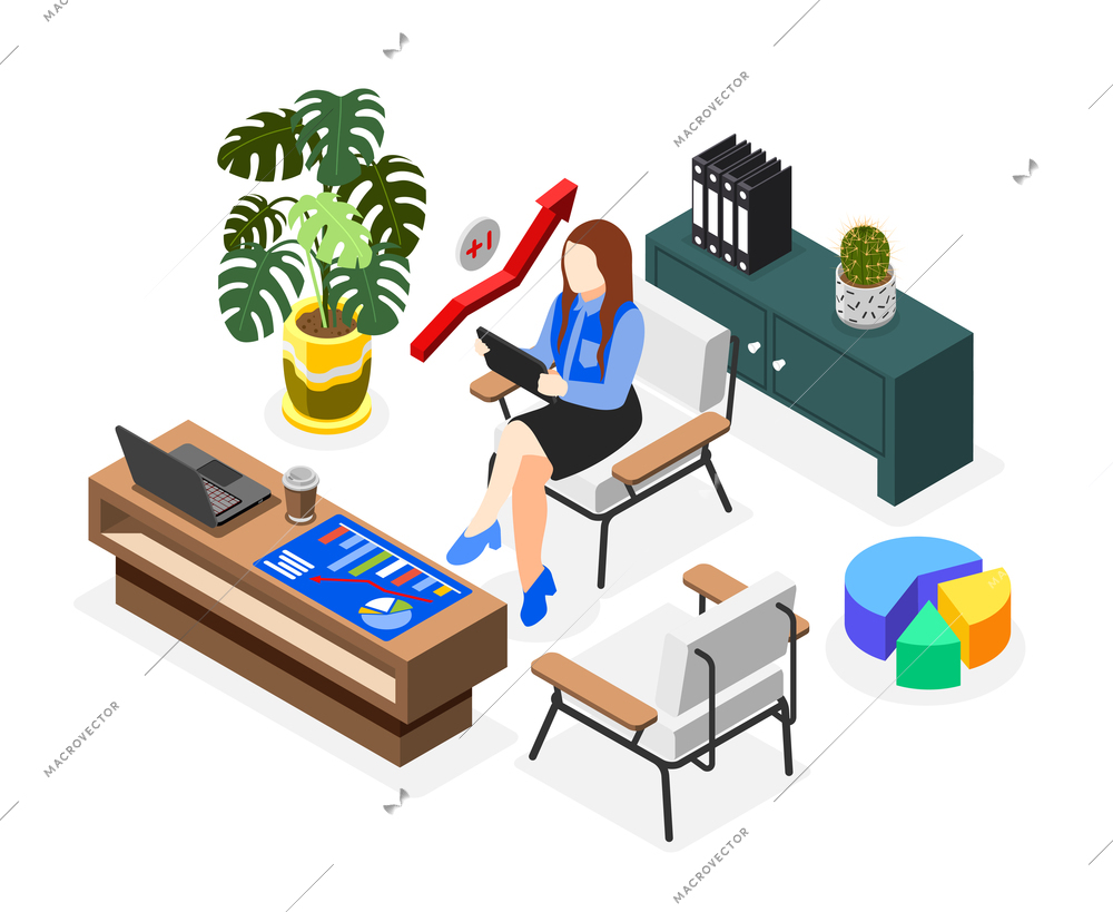 Business lady isometric composition of woman with tablet on chair surrounded by office furniture and plant vector illustration