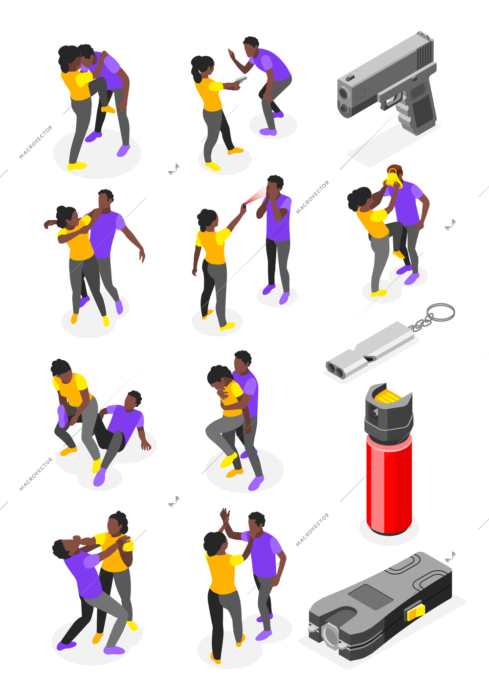 Self defense isometric set of recolor icons with isolated personal defense weapons and fighting human characters vector illustration