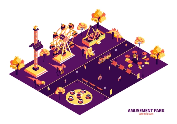 Amusement park concept with dinosaurs and attractions symbols isometric vector illustration