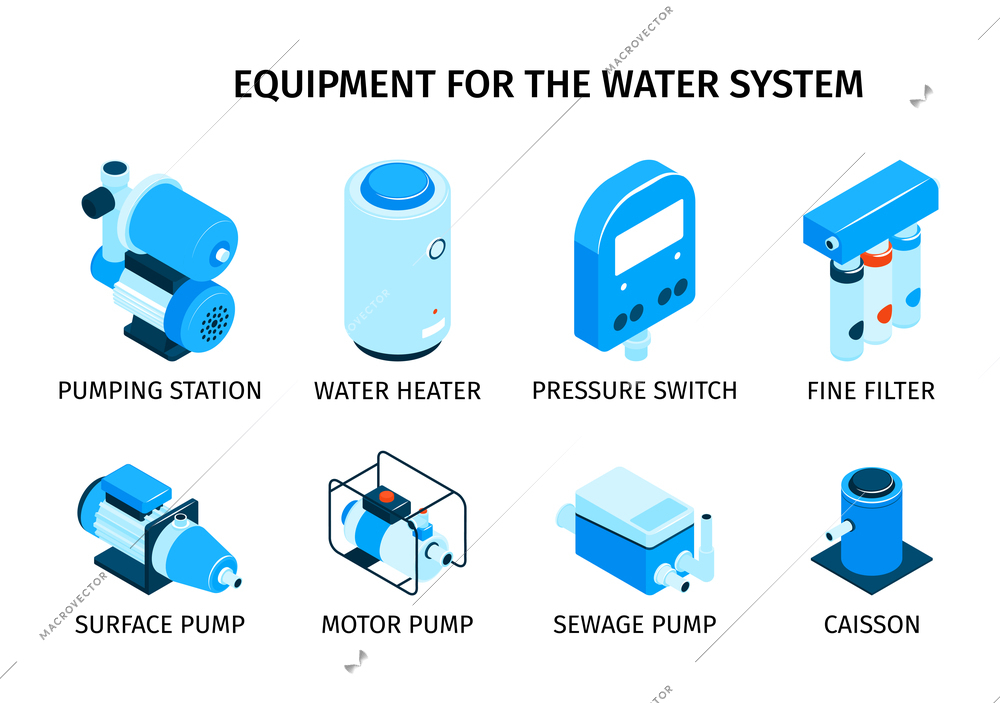 Pumps machinery composition set with water heater and filter symbols isometric isolated vector illustration