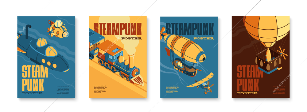 Steampunk set of four vertical posters with images of air balloon train and submarine with text vector illustration