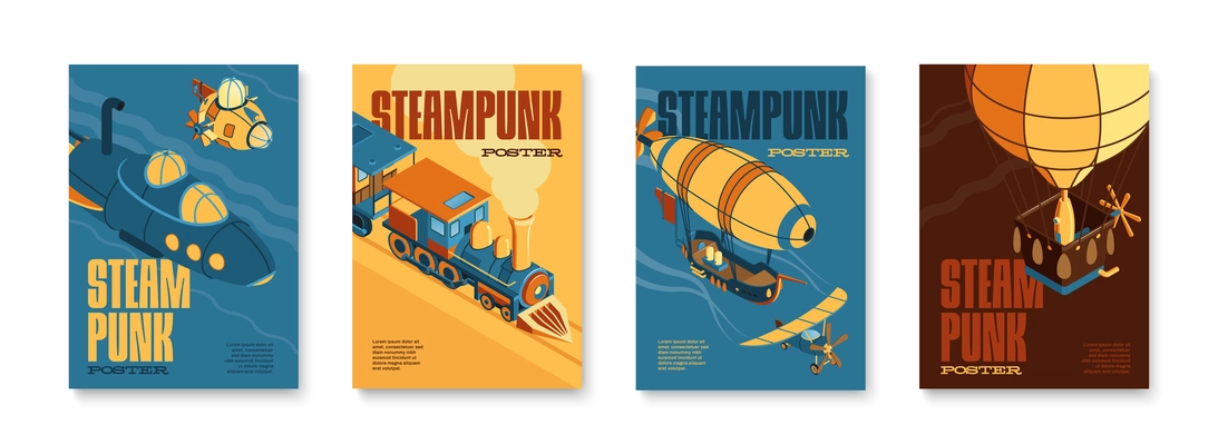 Steampunk set of four vertical posters with images of air balloon train and submarine with text vector illustration