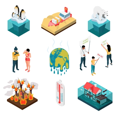 Set of isolated global warming isometric icons with human characters of activists and climate disaster situations vector illustration