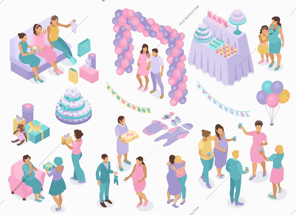 Isometric baby shower party set with isolated human characters of parents pregnant friends with cakes balloons vector illustration