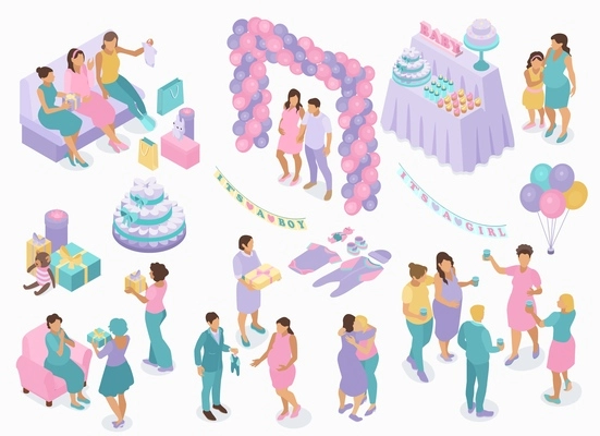 Isometric baby shower party set with isolated human characters of parents pregnant friends with cakes balloons vector illustration