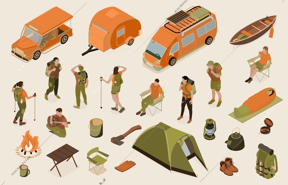 Set with isolated isometric hiking color icons with cars tent travel equipment and faceless human characters vector illustration