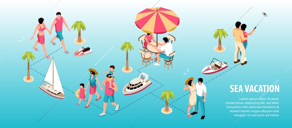 Isometric vacation sea infographics with editable text and flowchart of family characters umbrella palms and boats vector illustration