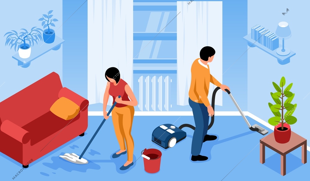 Isometric cleaning home horizontal composition with room interior man with vacuum cleaner and woman with mop vector illustration