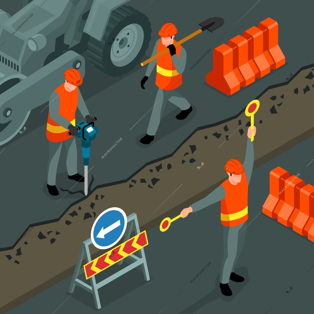 Isometric road repair square composition with outdoor view of workers breaking old asphalt with uniform instruments vector illustration