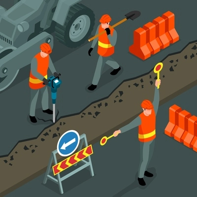 Isometric road repair square composition with outdoor view of workers breaking old asphalt with uniform instruments vector illustration