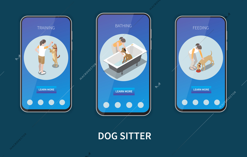 Dog sitter isometric set with feeding and training symbols isolated vector illustration