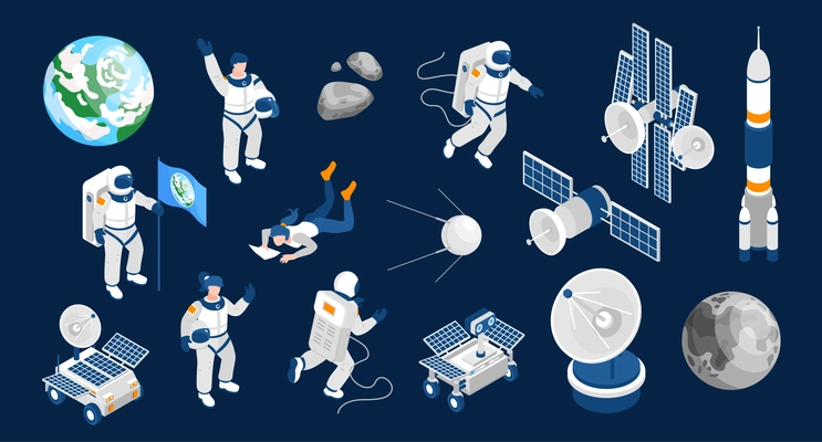 Space exploration isometric color set with spaceship startup and equipment for scientific research vector illustration