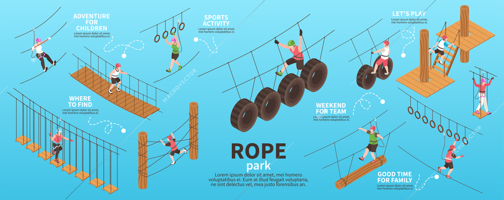 Rope park isometric infographics demonstrated weekend for team good time for family and adventure for children vector illustration