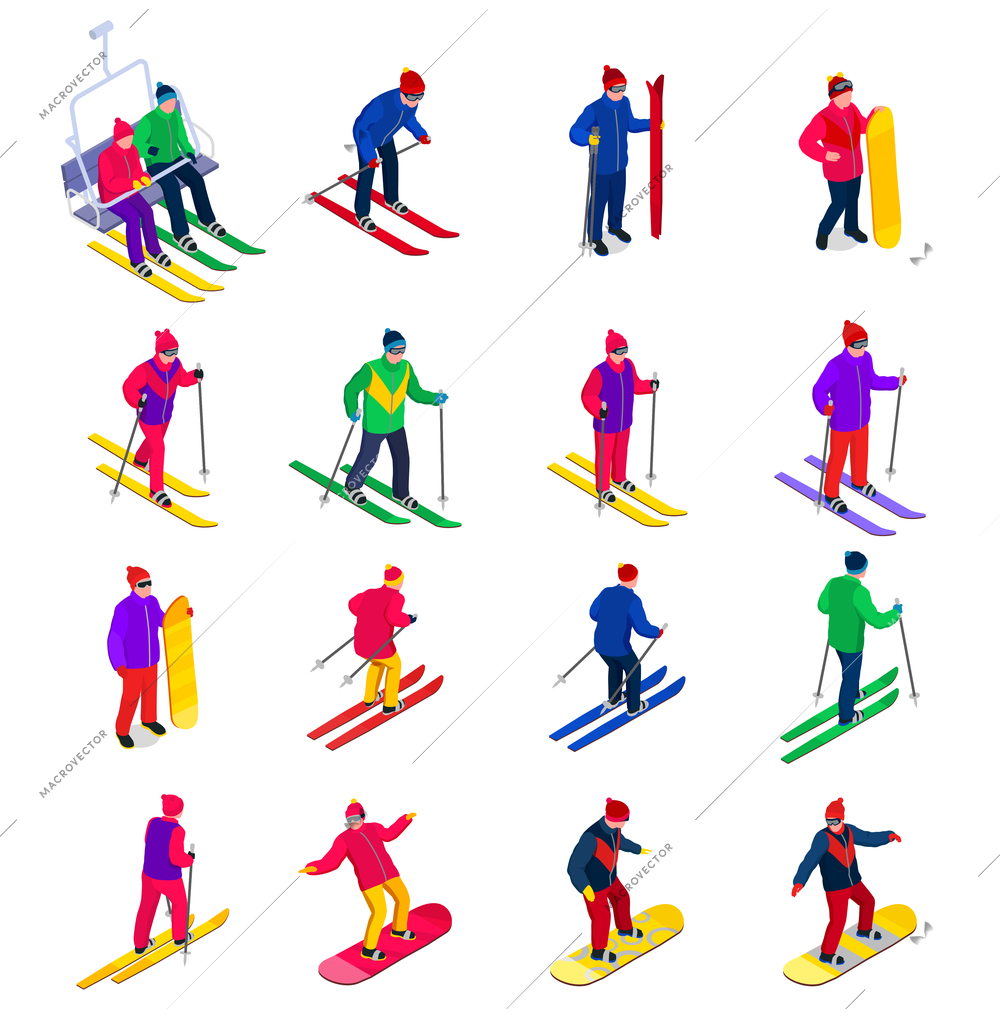 Isometric set of people wearing bright clothes doing winter sports snowboarding and skiing isolated 3d vector illustration