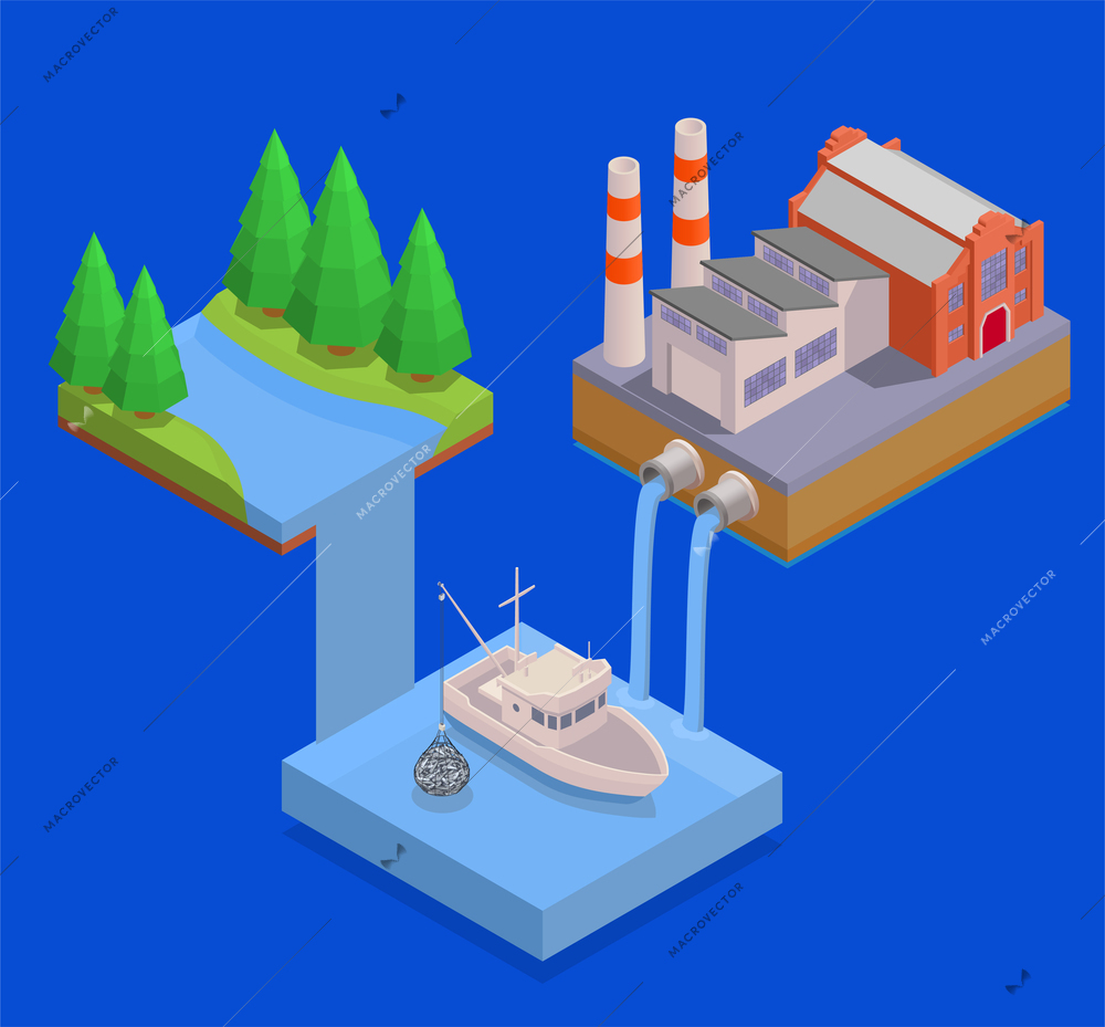 Environmental resources water forest fishing plant isometric concept on blue background 3d vector illustration