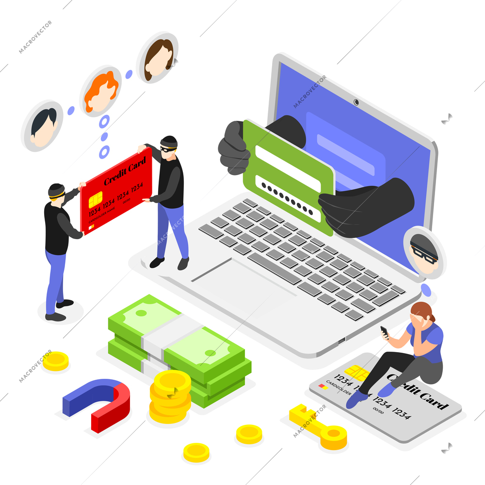 Banks scammers isometric composition with icons of magnet money laptop and stolen credit cards with people vector illustration