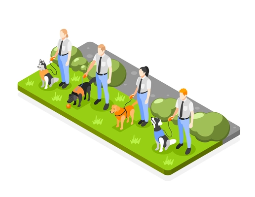 Dog school isometric composition with park lane view and four trainer characters keeping dogs on lead vector illustration