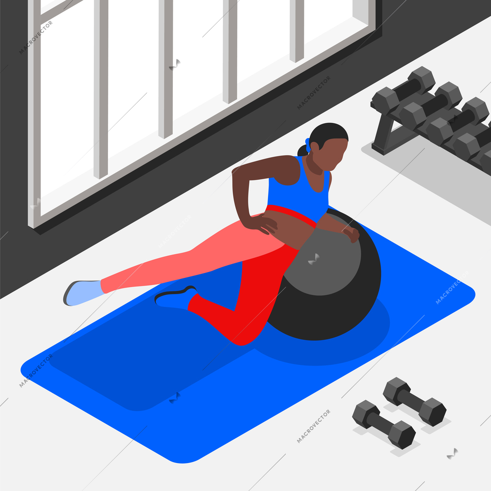 Fitness ball workout isometric background with female character lying on side with rubber ball on mat vector illustration