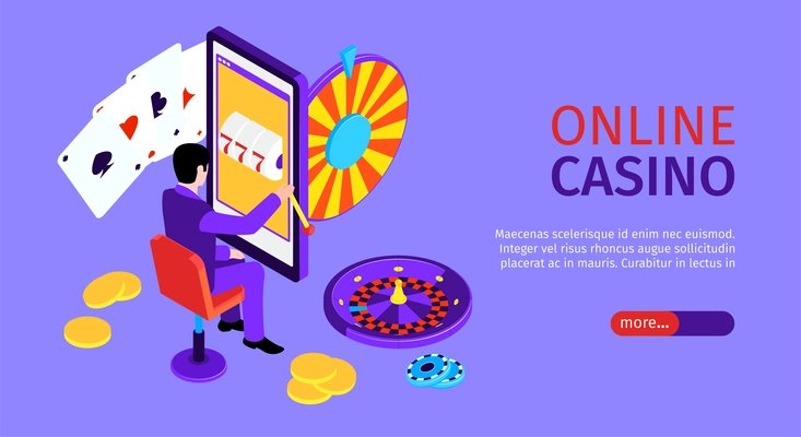 Online casino horizontal website banner with editable text man playing gambling game poker roulette 3d isometric vector illustration