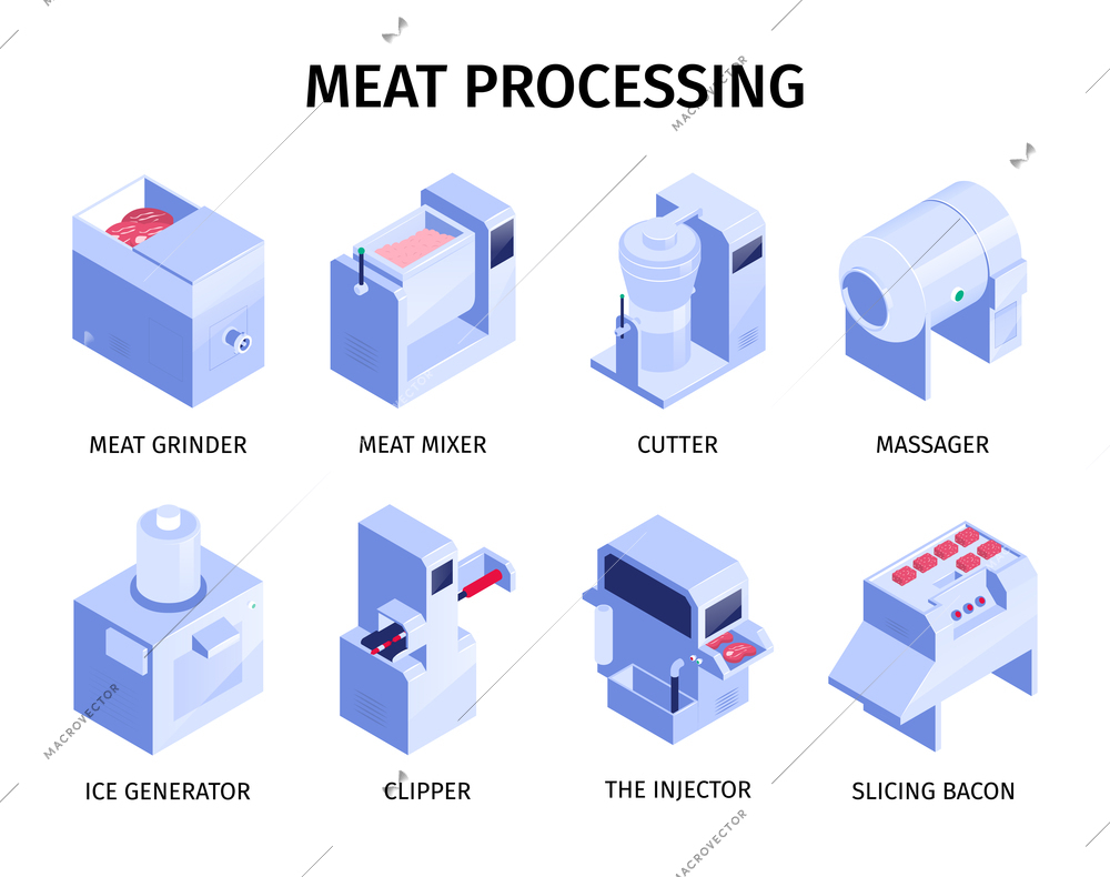 Isometric factory equipment for meat production set with 3d grinder mixer cutter clipper ice generator isolated on white background vector illustration