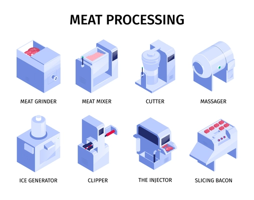 Isometric factory equipment for meat production set with 3d grinder mixer cutter clipper ice generator isolated on white background vector illustration