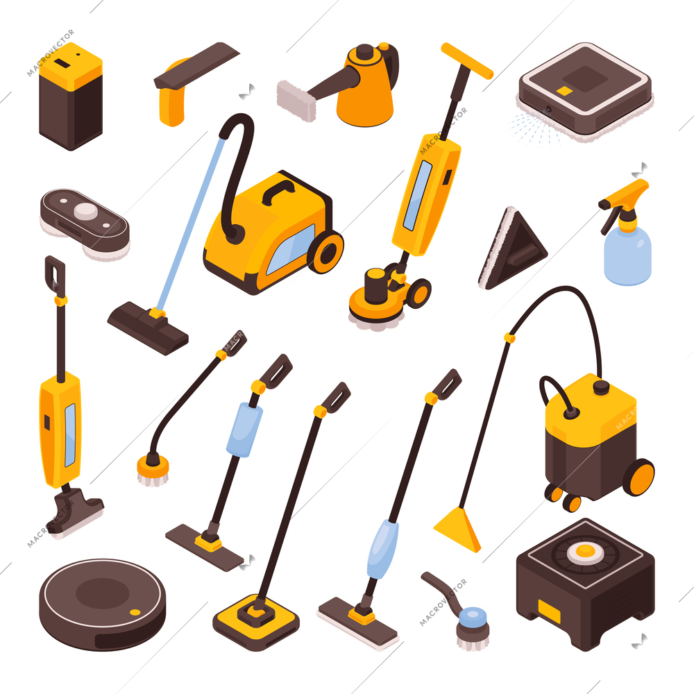 Isometric set of various cleaning gadgets with mops and robotic vacuum cleaners isolated on white background 3d vector illustration