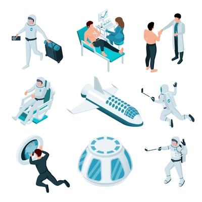 Set with isolated space tourism isometric icons with elements of spacecraft and characters of cosmic travelers vector illustration