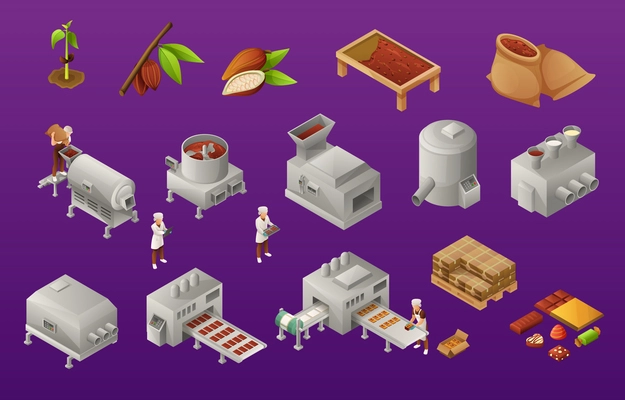 Chocolate production isometric icons set from raw cocoa beans to finished sweet products isolated of violet background vector illustration