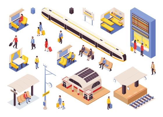 Railway isometric color set of passengers with suitcases waiting train on platform and in hall isolated vector illustration