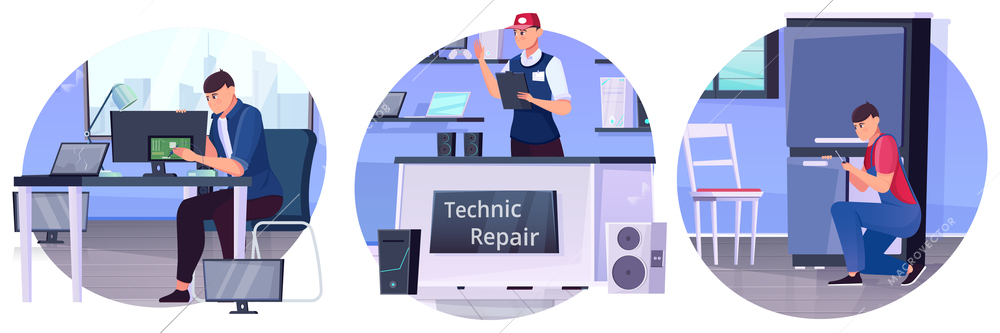 Repairmen and repair services in round boxes on white background flat vector illustration