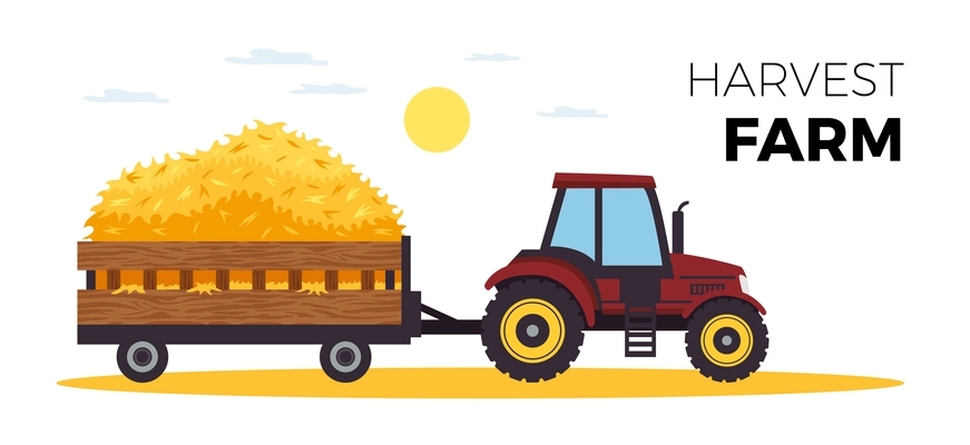 Bales hay horizontal banner with editable text and images of agrimitor truck with sun and clouds vector illustration