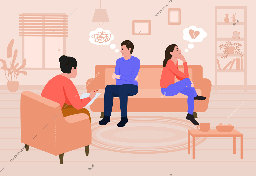 Divorce flat composition demonstrating psychologist working with unhappy sad couple sitting on couch with their backs turned away vector illustration