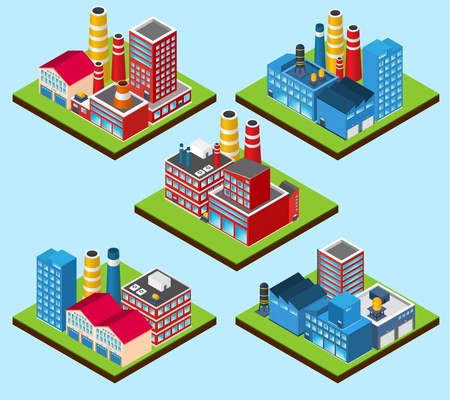 Industrial buildings nuclear power station 3d isometric set isolated vector illustration